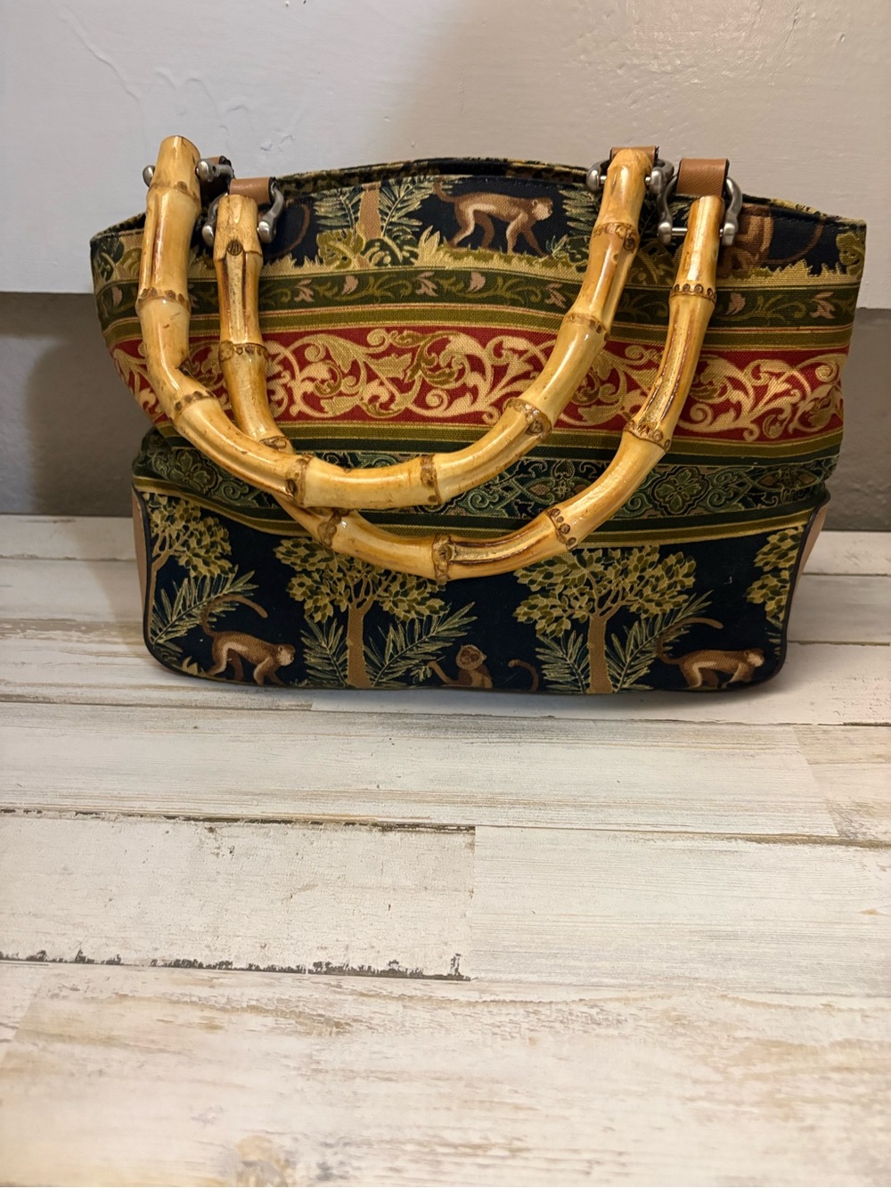 Vintage Y2K Relic by Fossil Safari Monkey Tapestry Bag Bamboo Handles Boho